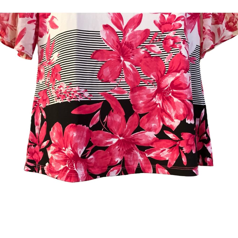 Calvin Klein Women's Pink/Blk/White Floral Striped Flutter Sleeve Bouse | Size M - Picture 6 of 11